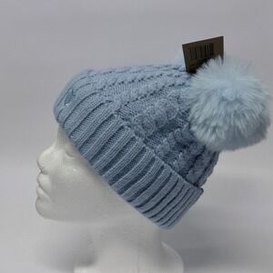 James Paul Youth Light Blue Cable Knit Double Pom Beanie Heart Detail New